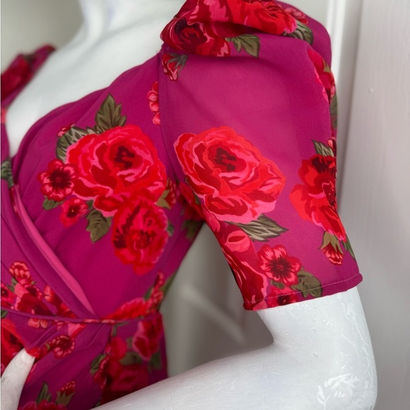 LPA Araceli Floral Puff Sleeve Wrap Mini Dress In Pink Size SMALL. B40 - Picture 6 of 14